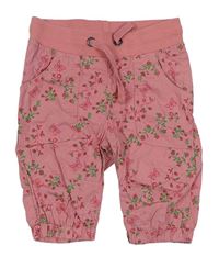 Růžové květované plátěné kalhoty s úpletovým pasem Papagino