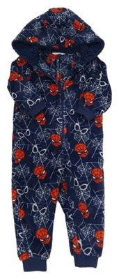 Tmavomodro-červená chlupatá kombinéza se Spidermanem a kapucí M&S