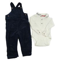 2 set - Tmavomodré laclové manšestráky + bílé body s límečkem M&S