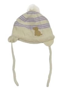 Smetanovo-fialová pruhovaná pletená zateplená čepice s pejskem a bambulí 