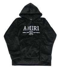 Černá žebrovaná sametová mikina s nápisem a kapucí 