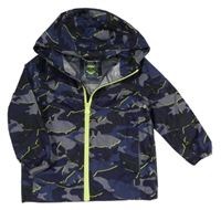 Tmavomodro-šedá vzorovaná šusťáková nepromokavá bunda s kapucí Joules