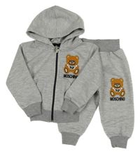 2 set - šedá melírovaná propínací mikina s medvědem a kapucí + tepláky - Moschino