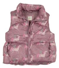 Růžová šusťáková zateplená vesta s jednorožci sfera