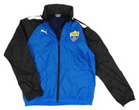 Tmavomodro-černá šusťáková jarní bunda s potiskem a kapucí Puma