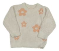 Bílo-růžový chlupatý květovaný svetr Shein