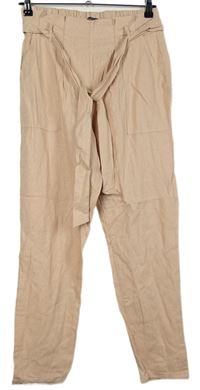 Dámské světlerůžové lněné paper bag kalhoty s páskem Primark 