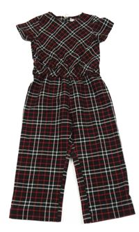 Černo-červeno-bílý kostkovaný kalhotový overal 