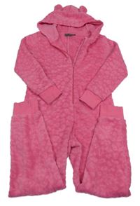 Růžová chlupatá kombinéza s kapucí 