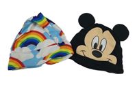 2x čepice barevná s duhou+ černá s Mickey Mousem