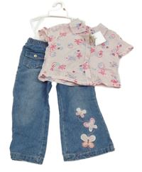 Nové - růžová halenka s kytičkami+ modré rifle s motýlky