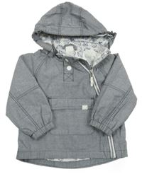 Šedo-modrá plátěná bunda s podšívkou se zvířátky a kapucí H&M