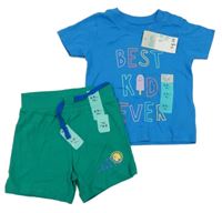 Nové - 2 set - modré tričko s potiskem + zelené kraťasy s potiskem Primark