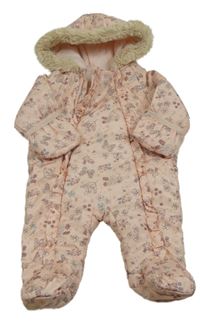 Světlerůžová květovaná šusťáková zimní kombinéza s kapucí Matalan