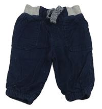 Tmavomodré podšité manšestráky s šedým úpletovým pasem F&F