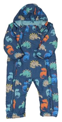 Tmavomodrá šusťáková zimní kombinéza s dinosaury a kapucí M&S