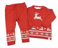 2set - Červeno-bílý svetr se sobem a norským vzorem + pletené vzorované tepláky George