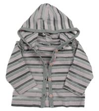 Světlerůžovo-tmavošedá pruhovaná propínací mikina s volánky a kapucí 