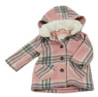 Růžovo-šedo-bílý kostkovaný vlněný podšitý kabát s kapucí C&A