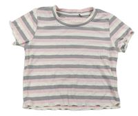 Šedo-bílo-růžové pruhované crop tričko 