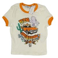 Bílé žebrované crop tričko s autem a oranžovými lemy zn. Bershka