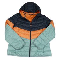 Tmavomodro-oranžovo-světlezelená šusťáková prošívaná zimní bunda s kapucí Denim