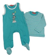 2set- Tyrkysovo-bílé pruhované triko + dupačky se zvířátky A Punto