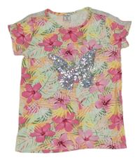 Barevné květované tričko s motýlem z flitrů Dopodopo