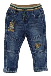 Tmavomodré teplákové rifle se zvířátky a pruhovaným pasem 