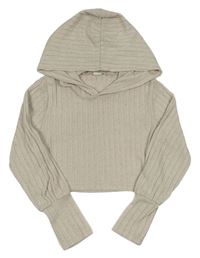 Světlebéžová žebrovaná úpletová crop mikina s kapucí SHEIN