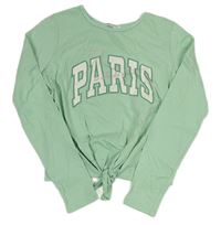 Pistáciové crop triko s nápisem a uzlem H&M