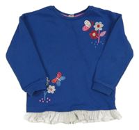 Cobaltově modrá mikina s kytičkami a motýlky a volánkem Tu