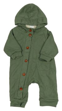 Khaki žebrovaná zateplená kombinéza s kapucí 