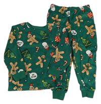 Tmavozelené plyšové vánoční pyžamo s perníčky a Santy a stromečky PRIMARK