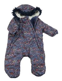 Tmavomodrá šusťáková zimní kombinéza s kytičkami a houbičkami a žaludy a kapucí s kožešinou F&F