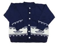 Tmavomodro-bílý pletený propínací svetr s lodičkami 