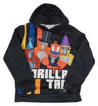 Černá mikina s gorilami a kapsou a kapucí 