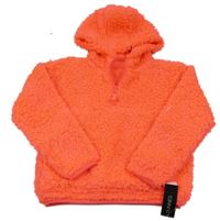 Nové - neonově korálová huňatá mikina s kapsou a kapucí St. Bernard