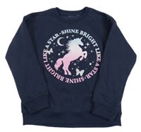 Tmavomodrá mikina s jednorožcem a nápisy 