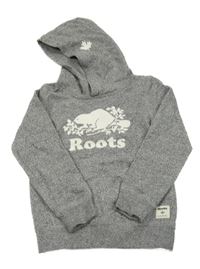 Šedá melírovaná mikina s logem a kapsou a kapucí roots