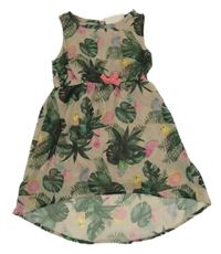 Béžové šifonové šaty s papoušky a ananasy a melouny a lístečky H&M