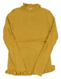 Okrový žebrovaný úpletový rolák s volánky F&F