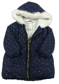 Tmavomodrá šusťáková zimní bunda s mašlemi a kapucí s kožíškem Matalan