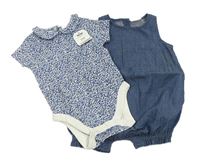 2set - Tmavomodrý kraťasový overal riflového vzhledu + bílo-modré květované body s límečkem Next