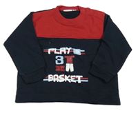 Tmavomodro-červená mikina s nápisem a oblečením