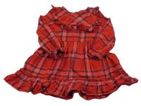 Červeno-tmavomodro-bílé kostkované třpytivé šaty s volánky F&F