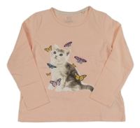 Růžové triko s kočkou a motýly Lupilu