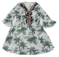 Bílá síťovaná plážová tunika s palmami a výšivkami s bambulemi