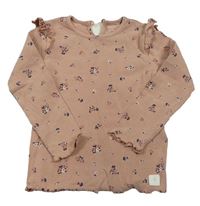 Starorůžové žebrované květované triko s volánky zn. M&S