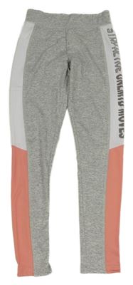 Šedo-růžovo-bílé melírované sportovní legíny s nápisem